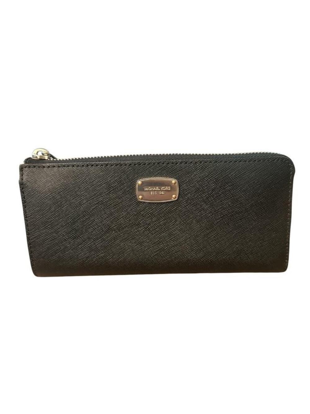 Michael Kors Saffiano Frame ZA Continental Zip Around Black Leather Wallet